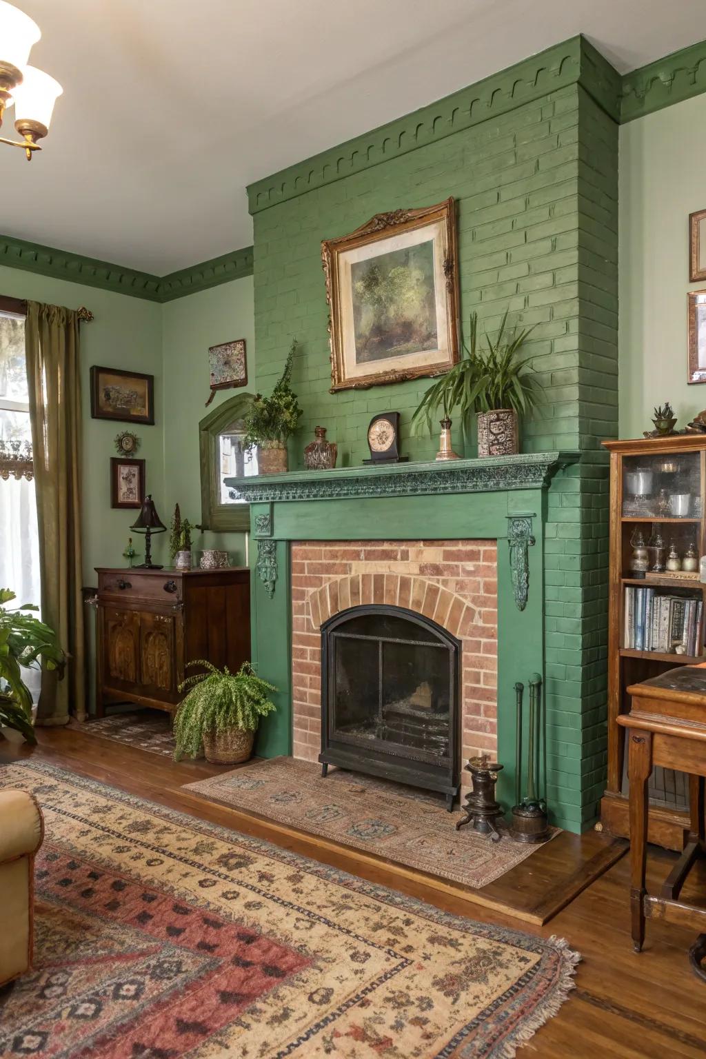 A green-painted fireplace evokes vintage charm.