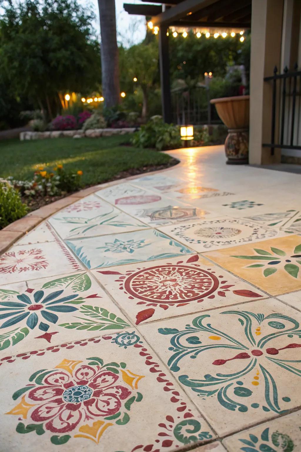 A patio with pattern-based designs that mimic the beauty of hand-painted tiles.