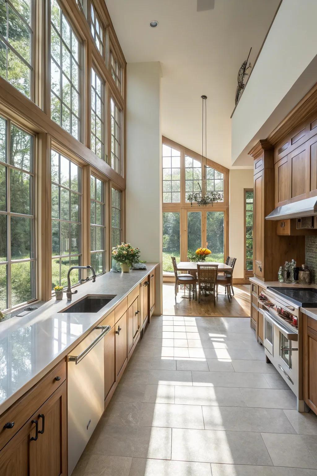 Sunlight enhances the openness of a two-sided kitchen.