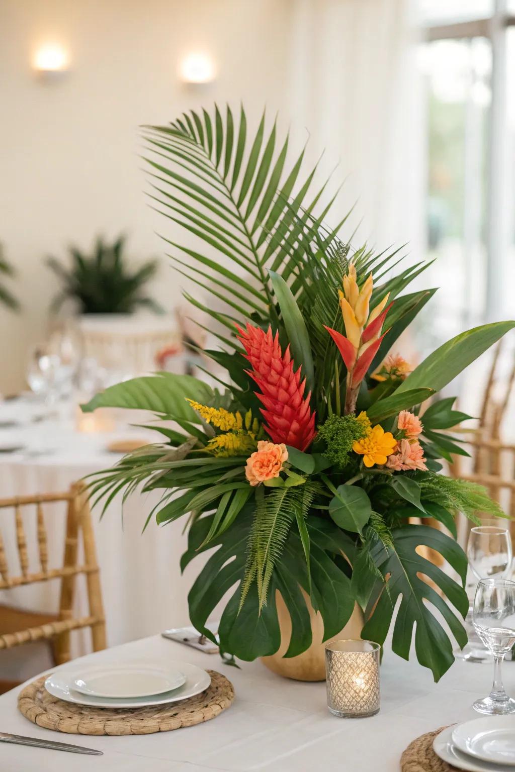 A tropical-themed centerpiece incorporating palm fronds.