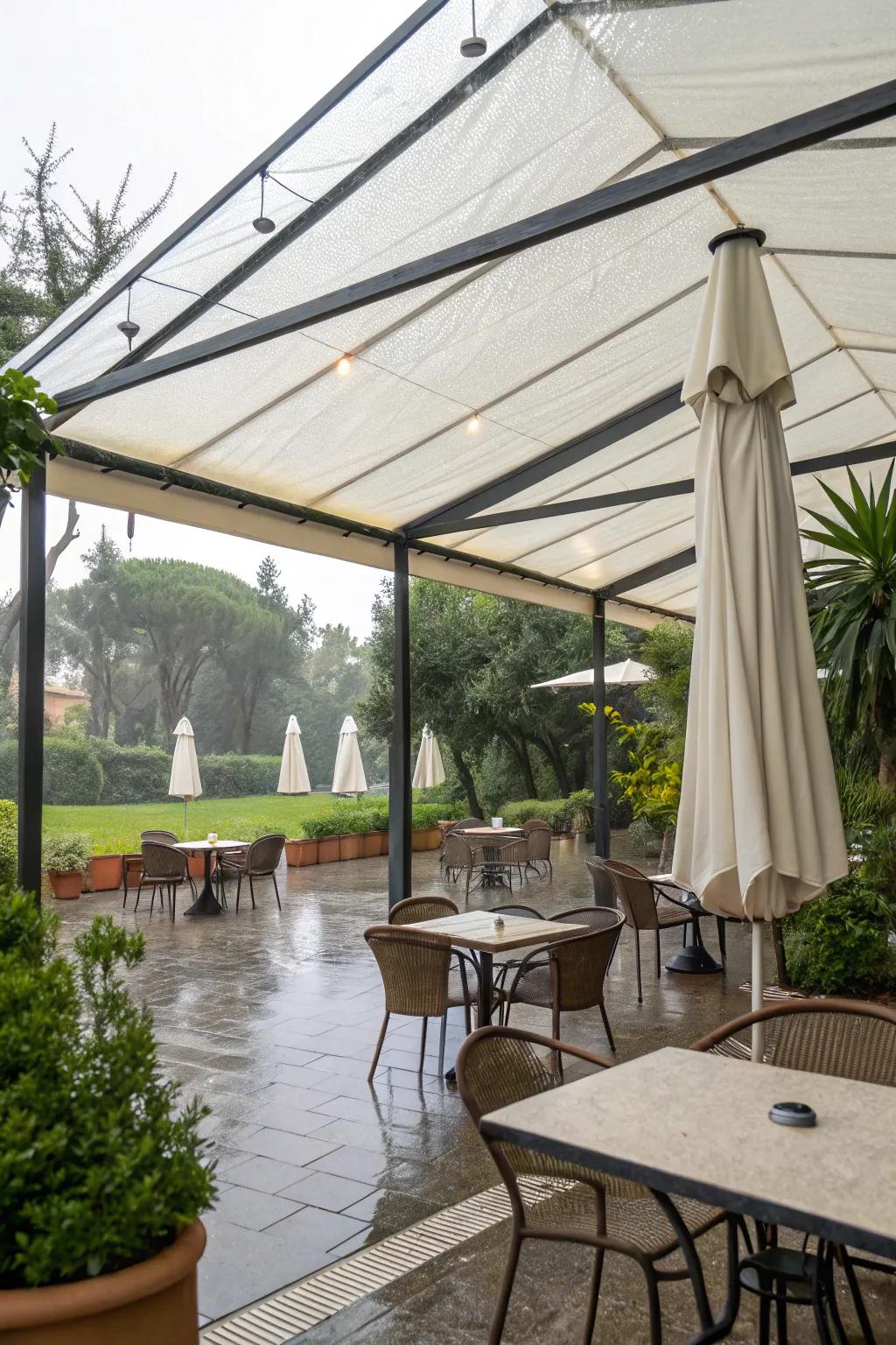 Covered dining areas ensure rain doesn't interrupt meals.