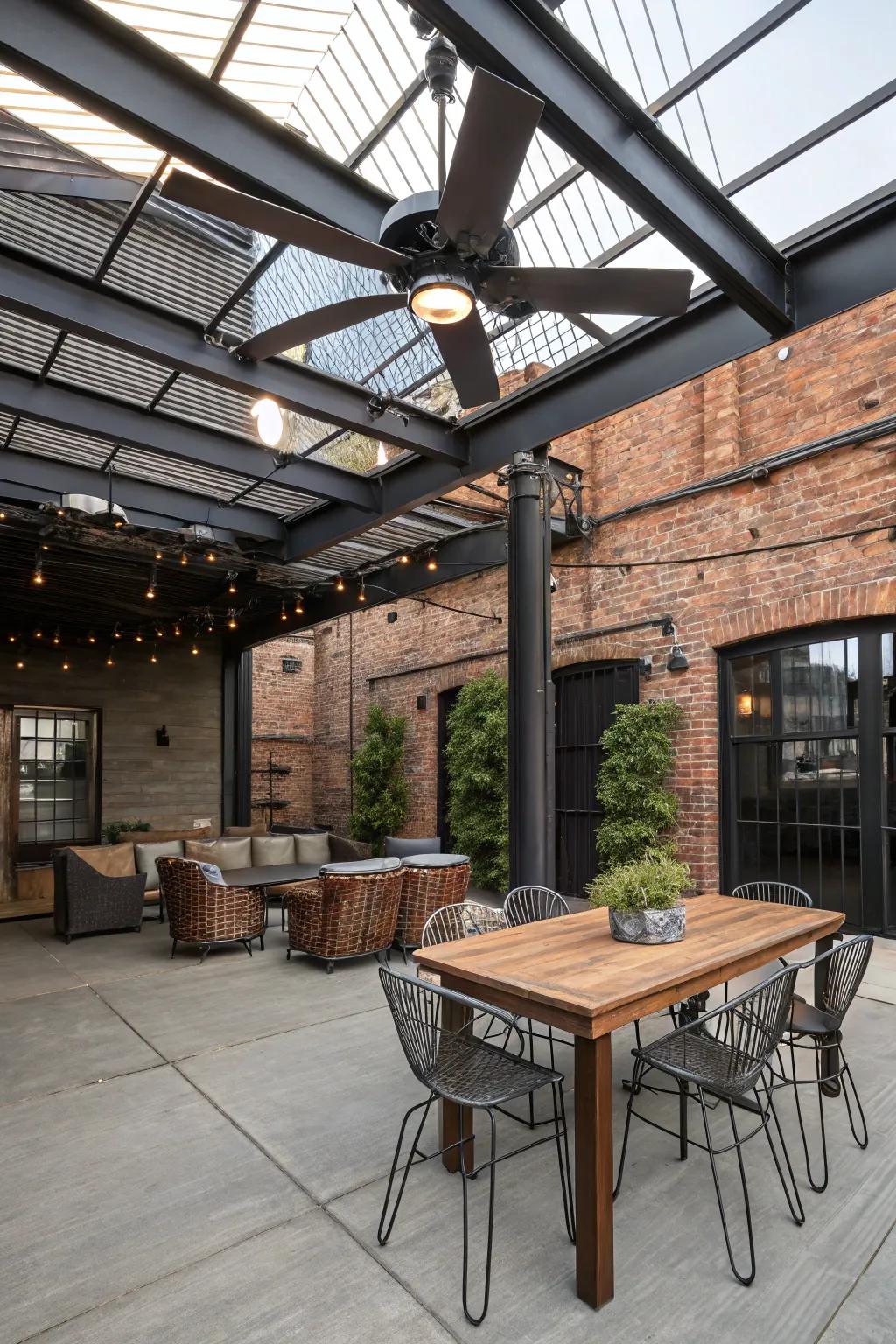 An industrial-themed patio featuring a metal-finished ceiling fan.