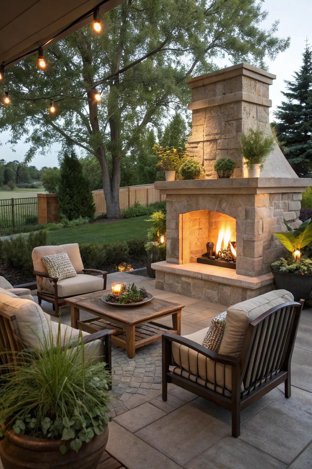 An outdoor fireplace makes an amazing and inviting center.