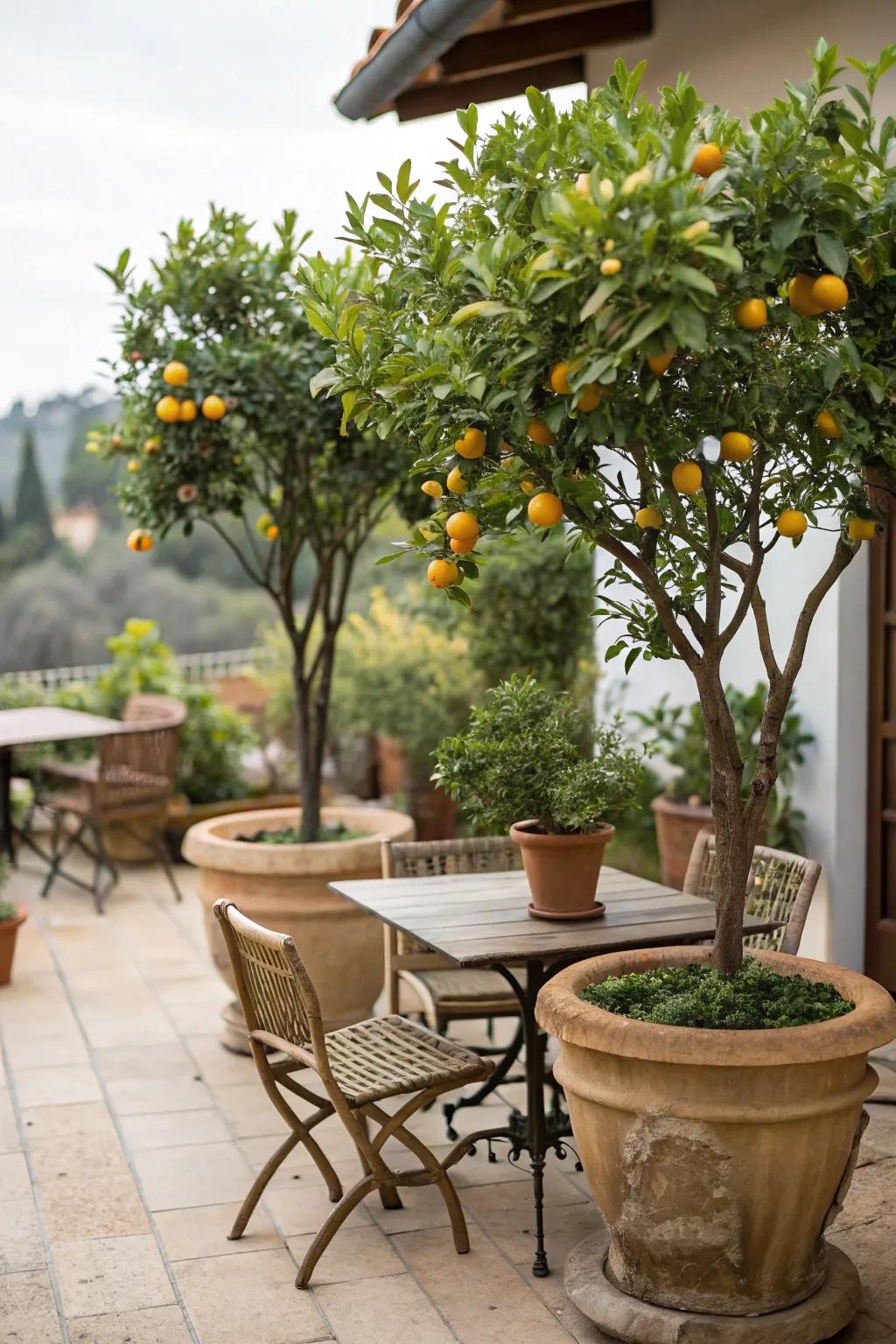 Dwarf fruit trees provide pleasant yields and a picturesque setting.