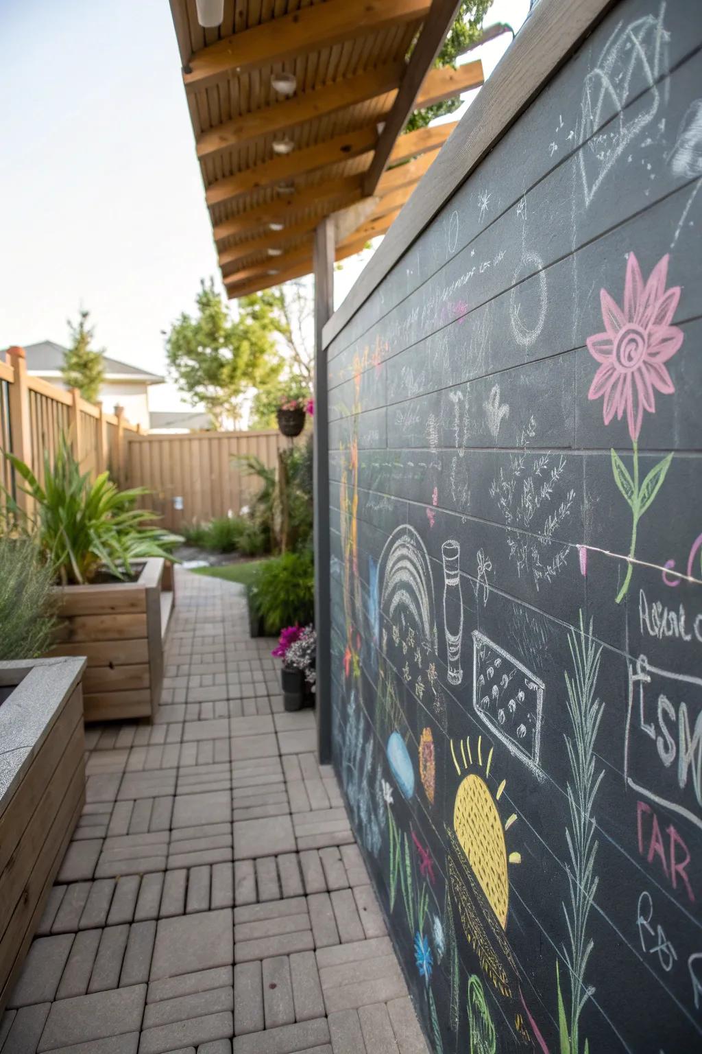 Chalkboard walls encourage creativity and interaction on the patio.