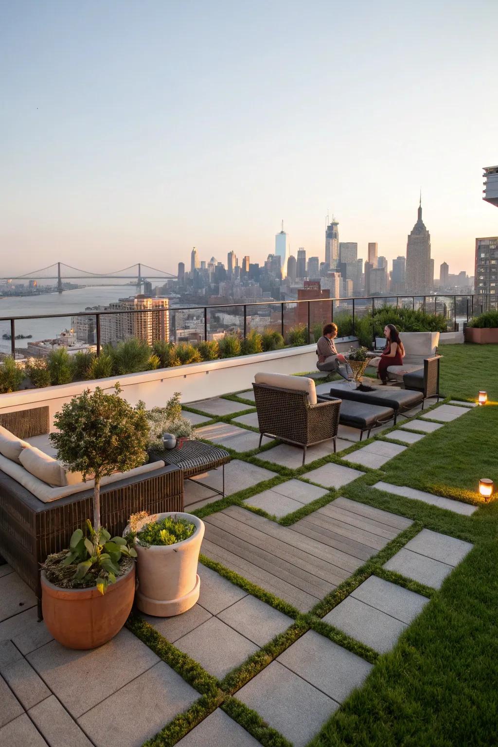 Verdure atop structures provides an urban getaway.