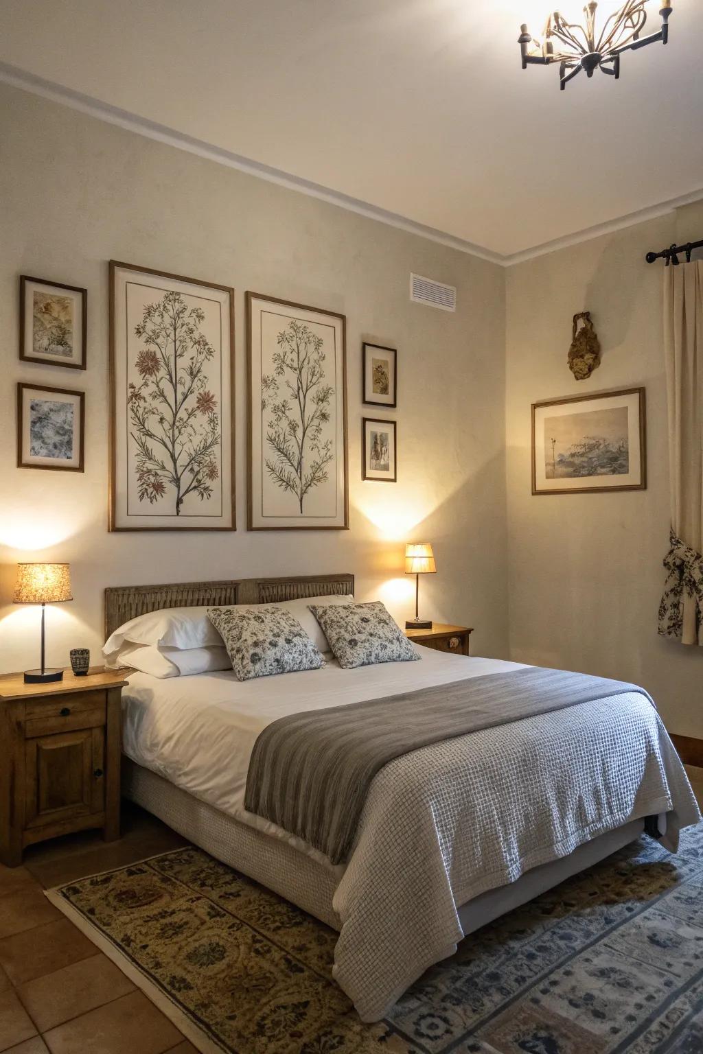 A bedroom with carefully selected art that enhances its tranquil atmosphere.
