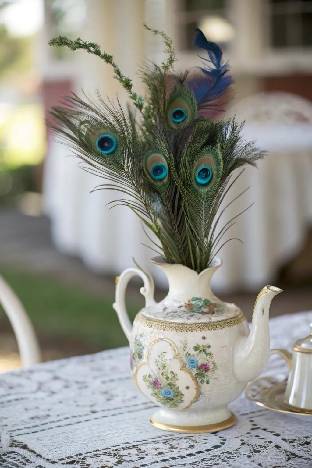 Nostalgic elegance exhibited through a classic tea kettle and pheasant plumes.