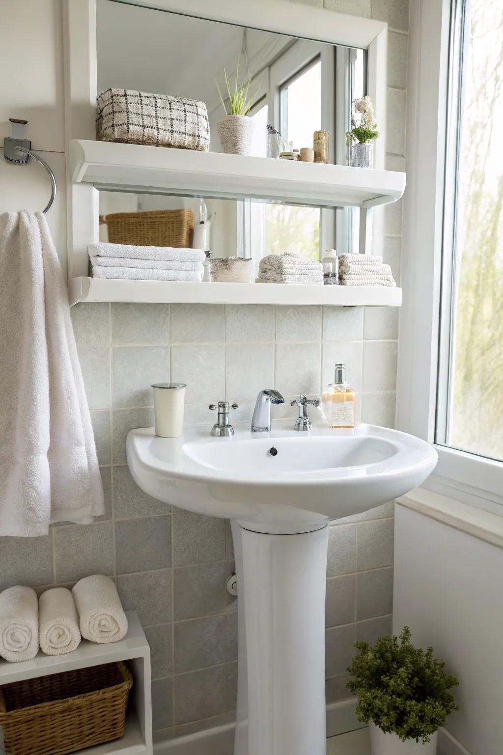 Floating shelves keep the design light and open.