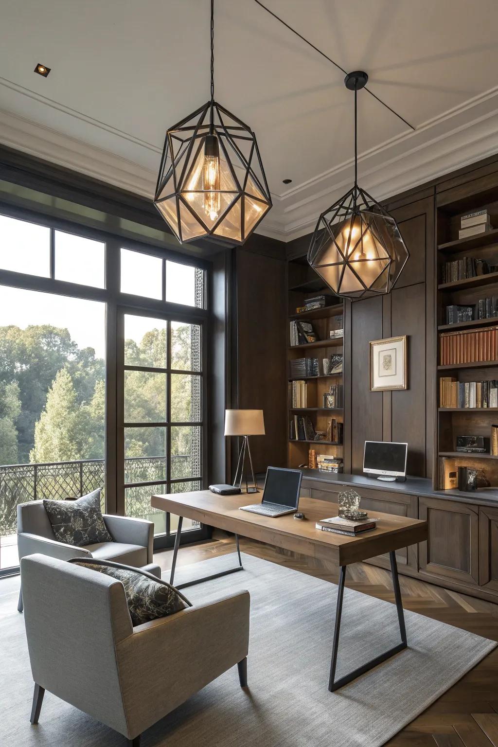 Geometric pendants add a modern edge to any room.