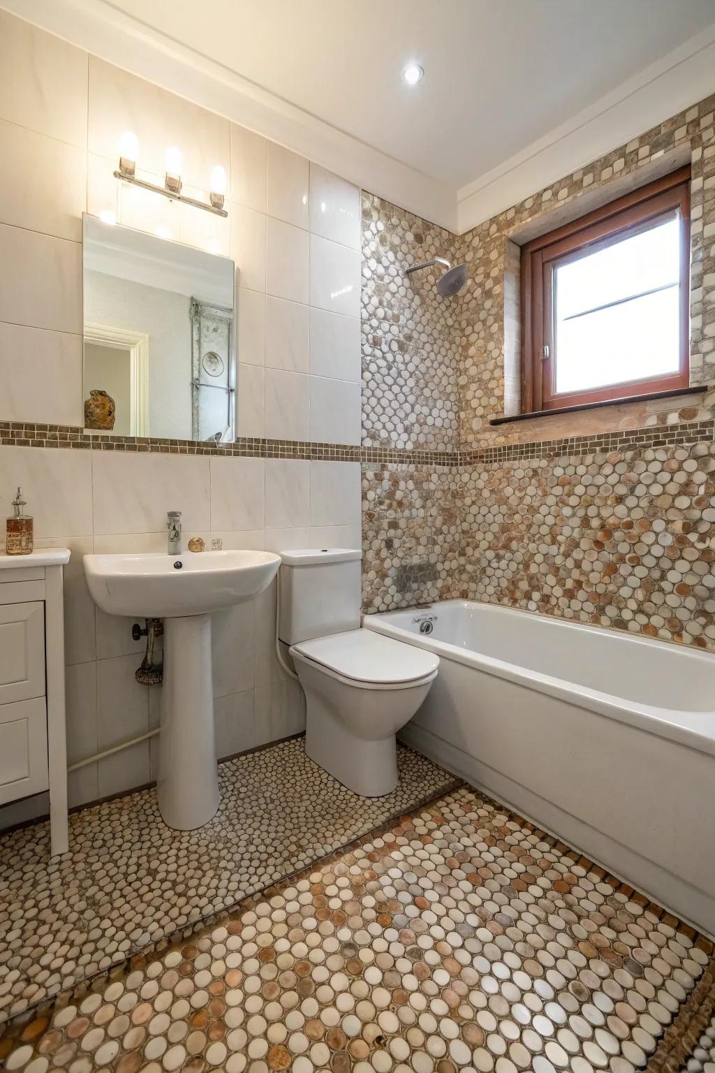 Decorative features utilizing penny tiles to inject charm and personality.