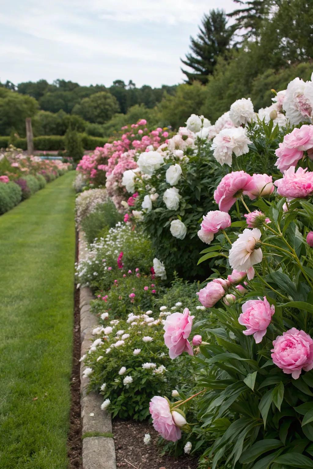 Peonies employed in boundaries to exquisitely frame the garden.