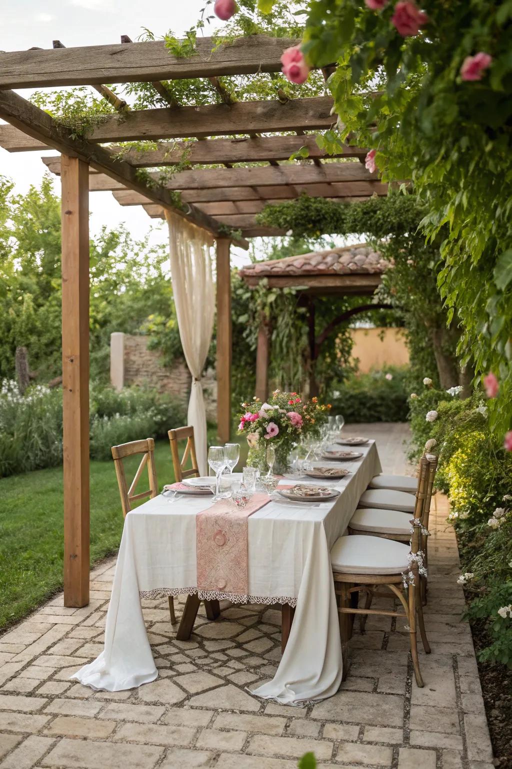 A welcoming outdoor dining space is located beneath the pergola.