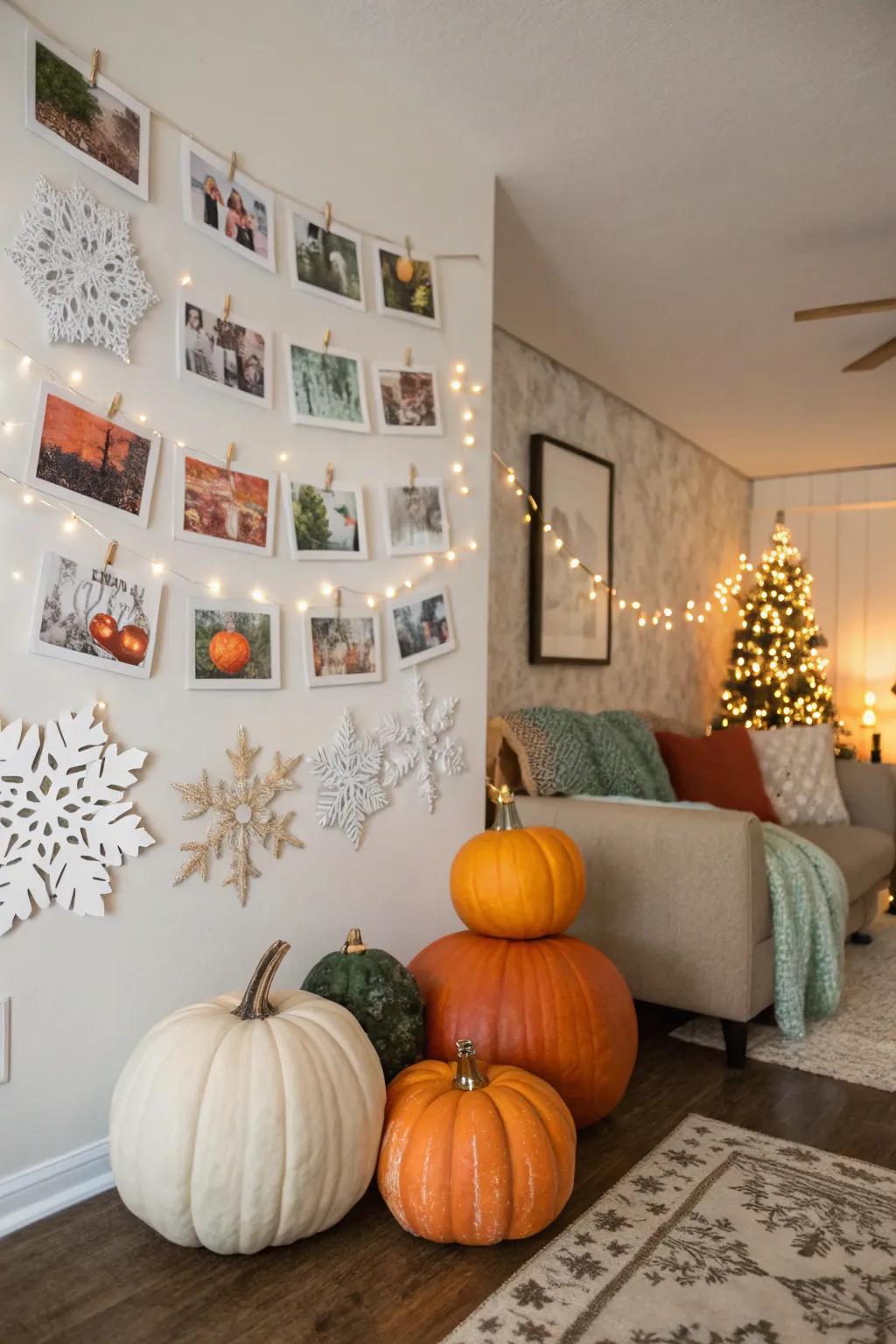 A seasonal photo backdrop showcasing autumnal gourds and wintry crystal patterns, maintaining design freshness.