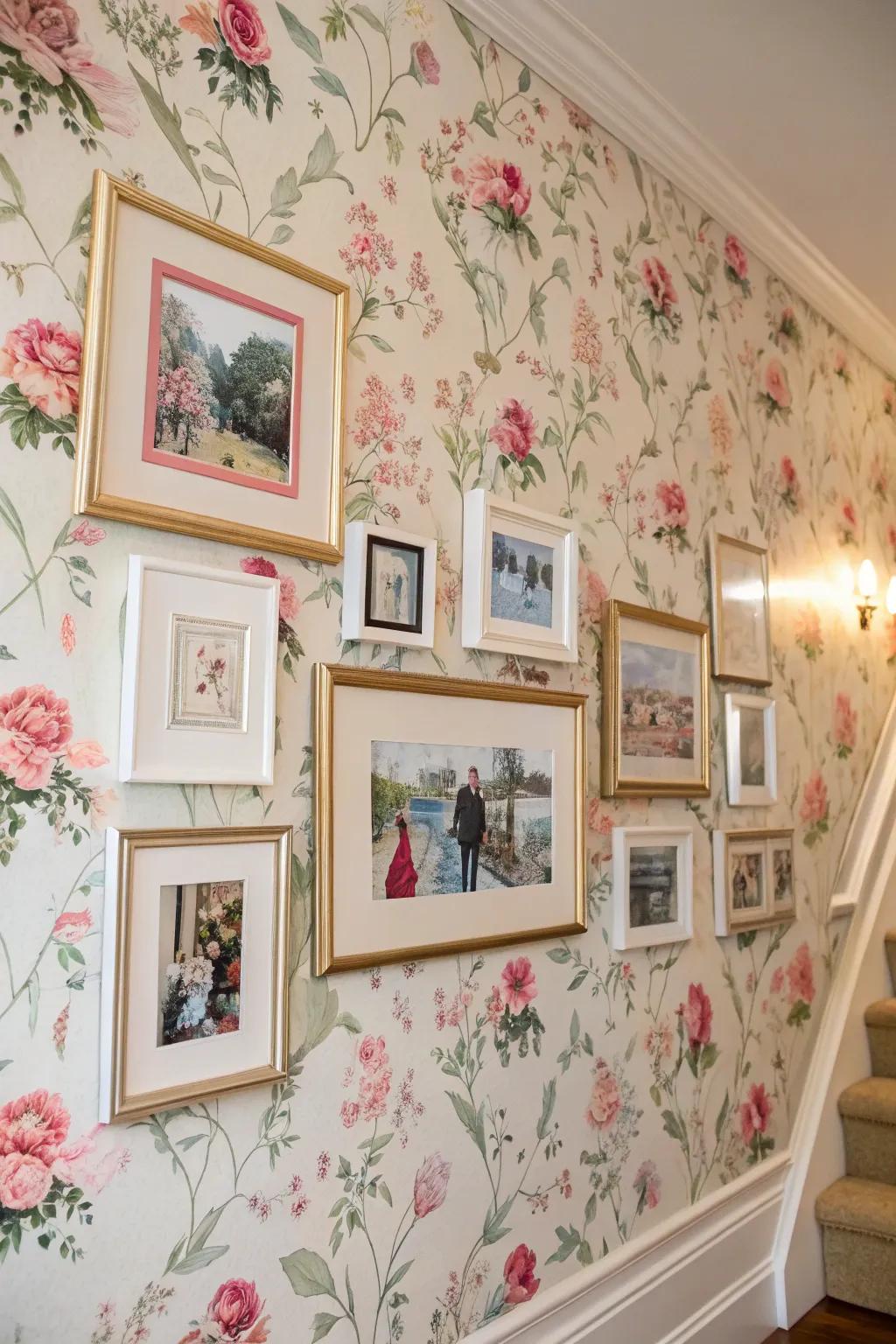Patterned wallpaper provides a striking backdrop for picture frames.