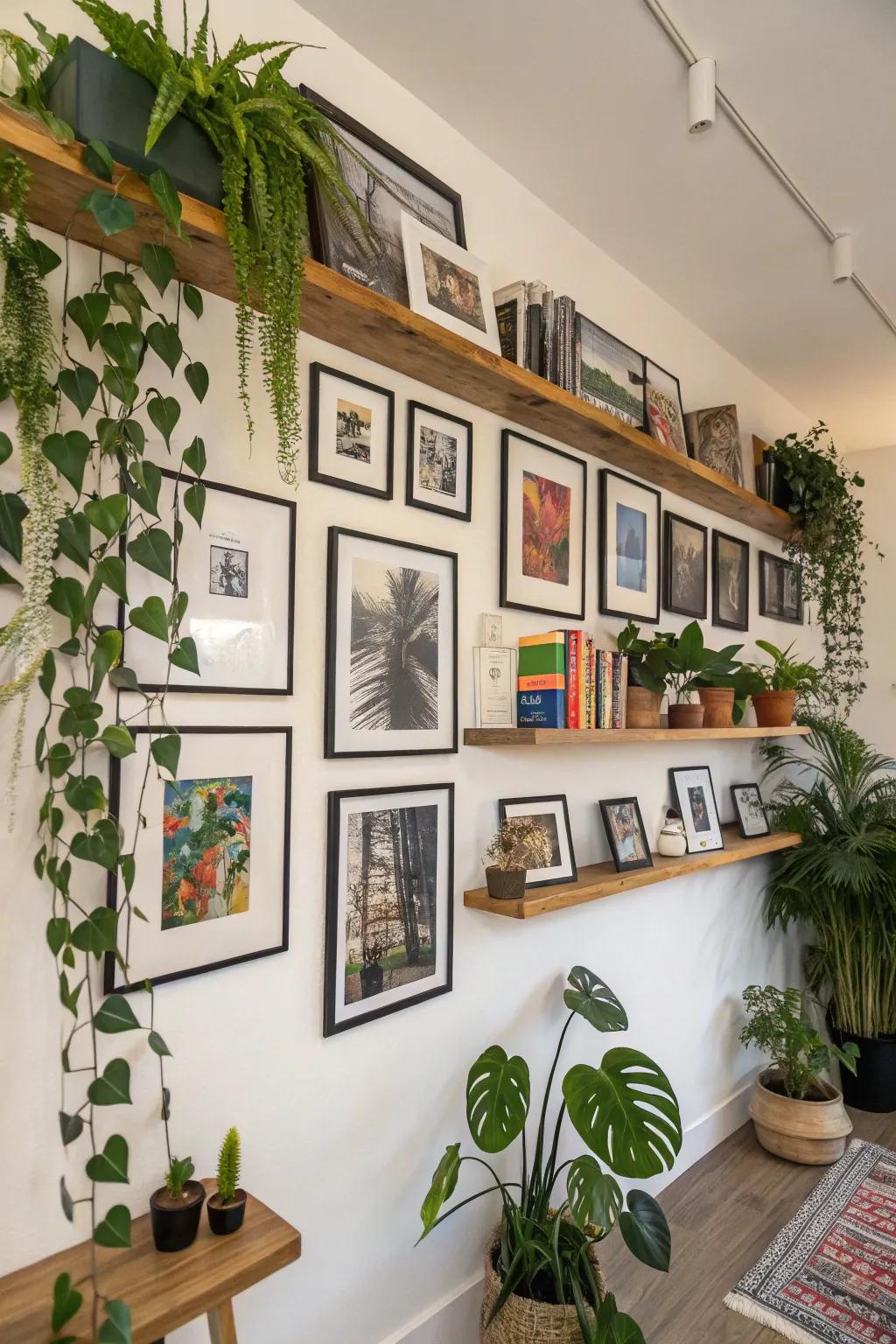 Picture wall enhanced with accent decor.