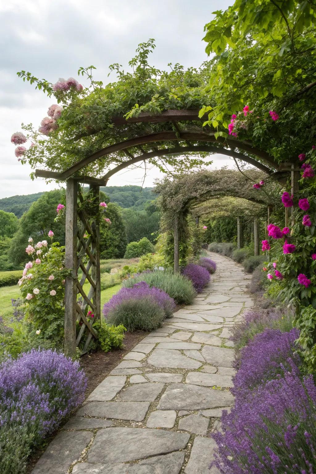 An arbor over a pathway encourages exploration and evokes a sense of wonder and delight.
