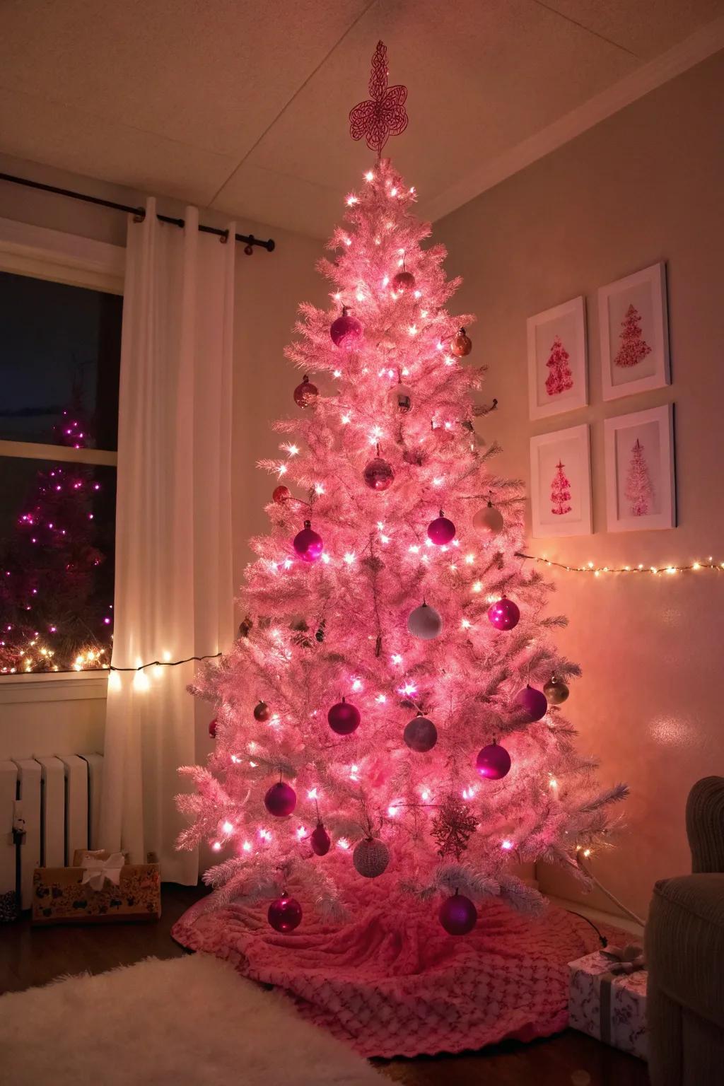 Rose lights add a magical radiance to this festive fir.