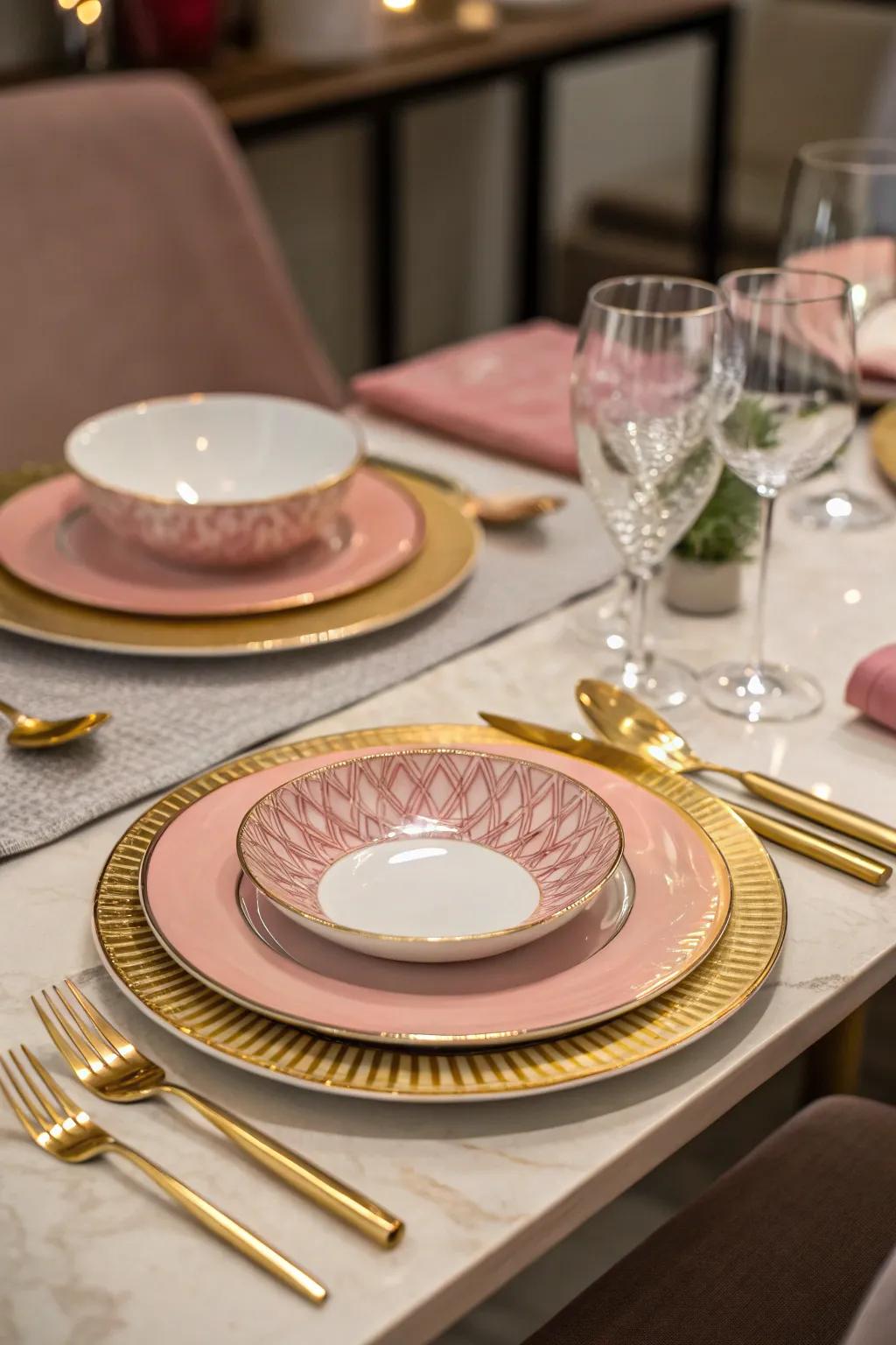 Elegant tableware in roseate and gold contributes a hint of sophistication to the party.