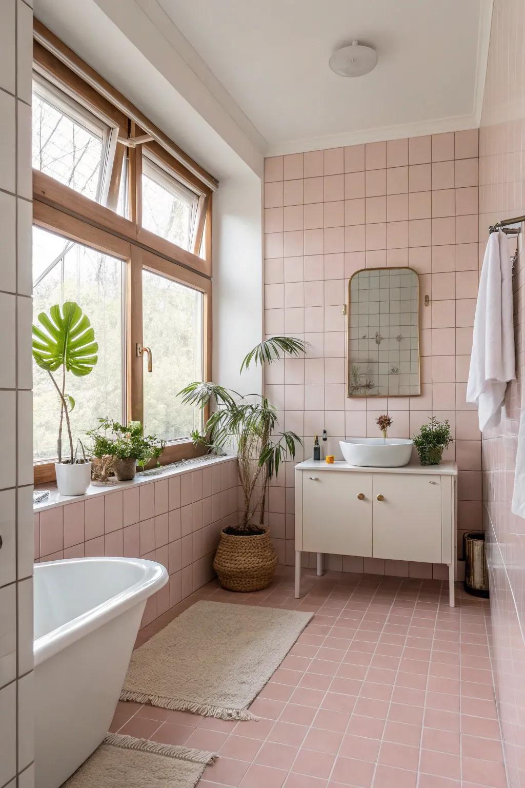 A serene, spa-inspired bathroom featuring gentle rosy tiles.