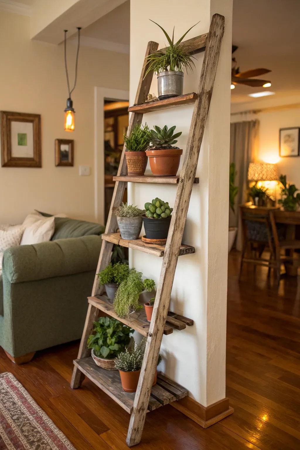A ladder plant shelf that adds vertical depth and character.