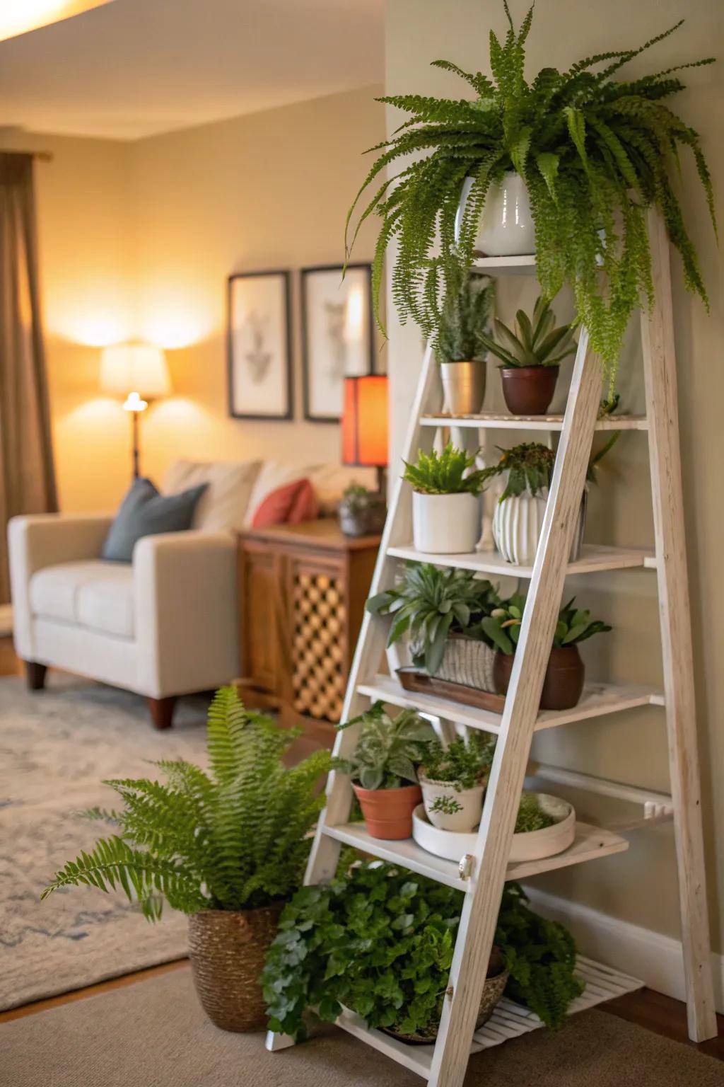 Showcase plants vertically with ladder-style stands.