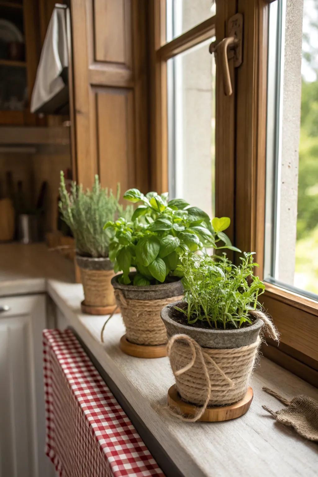 String wraps deliver a rustic detail to every pot.