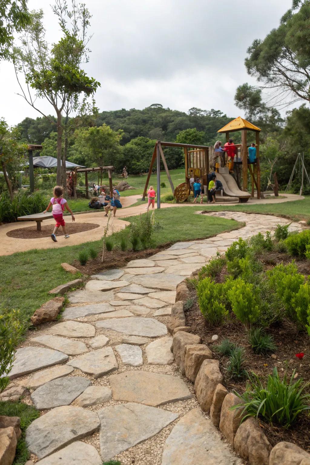 Stone paths add a unique touch to playgrounds.