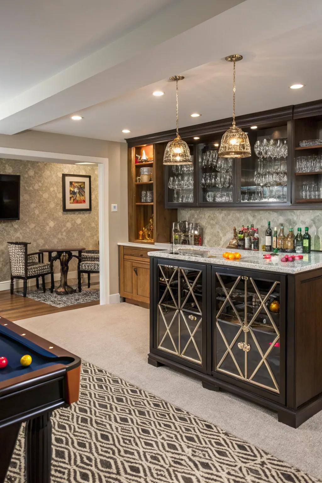 An elegant entertainment area with a stylish bar.