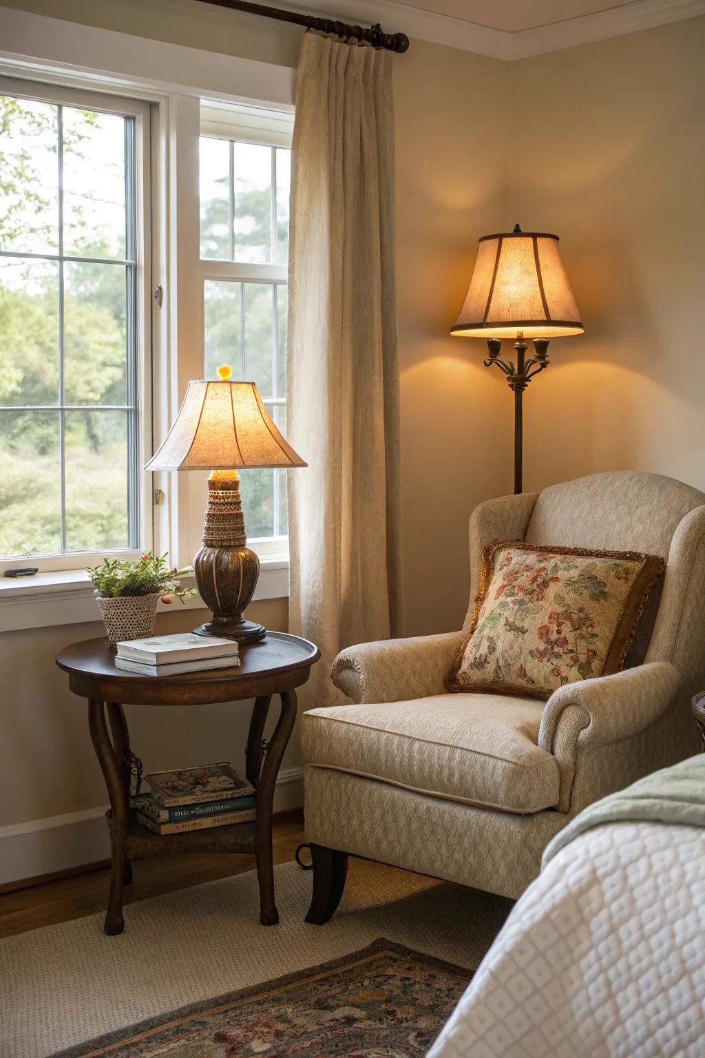 A reading nook adds a personal retreat to a plush bedroom.