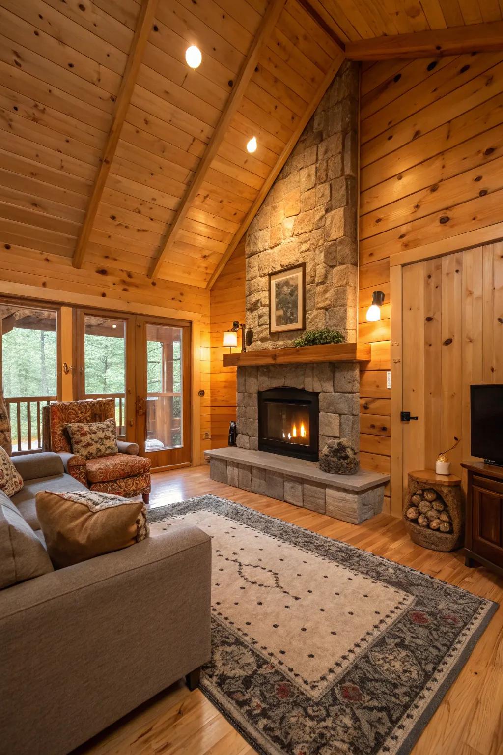 Surface board creates a warm, rustic feel in this cozy cabin setting.