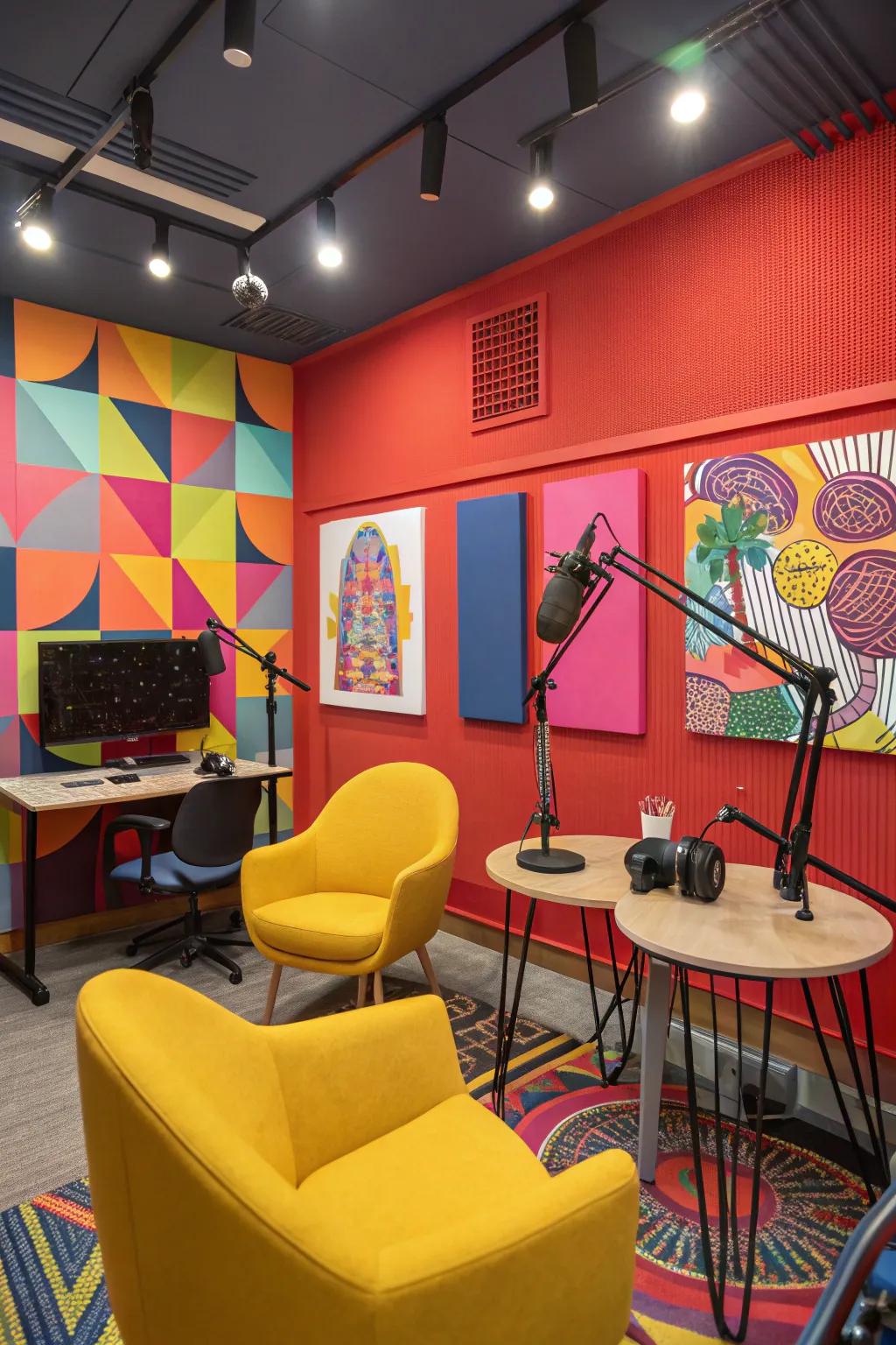 A podcast studio energized with vivid colors.