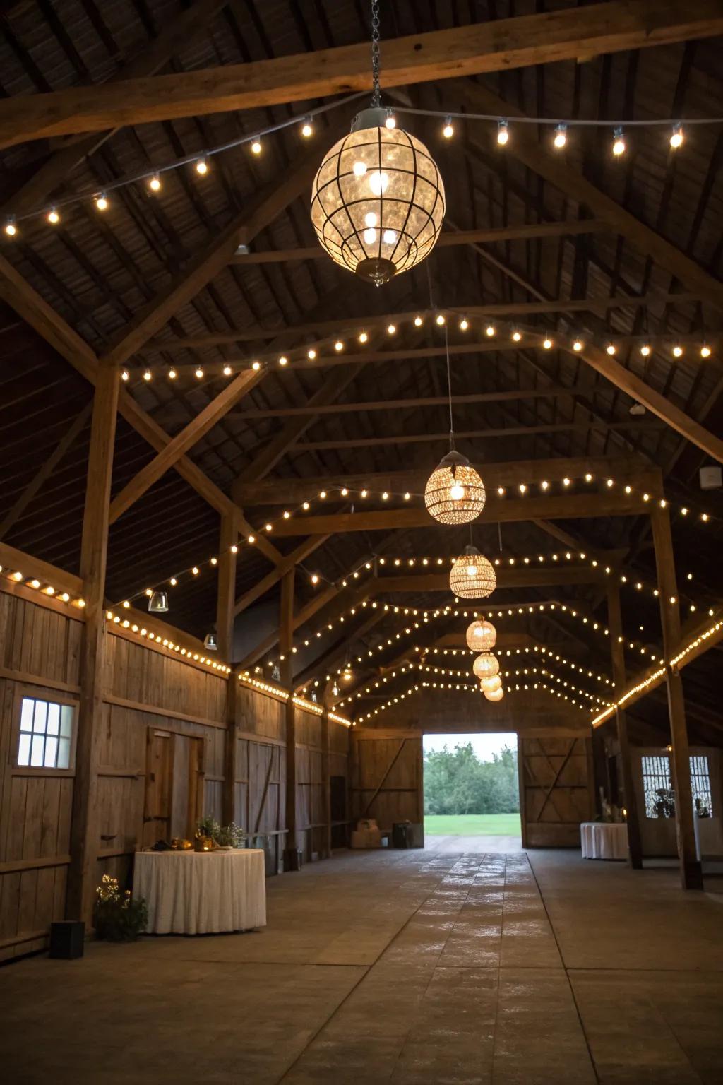 Impressive illumination inside a pole barn featuring suspended fixtures and ambient lights.