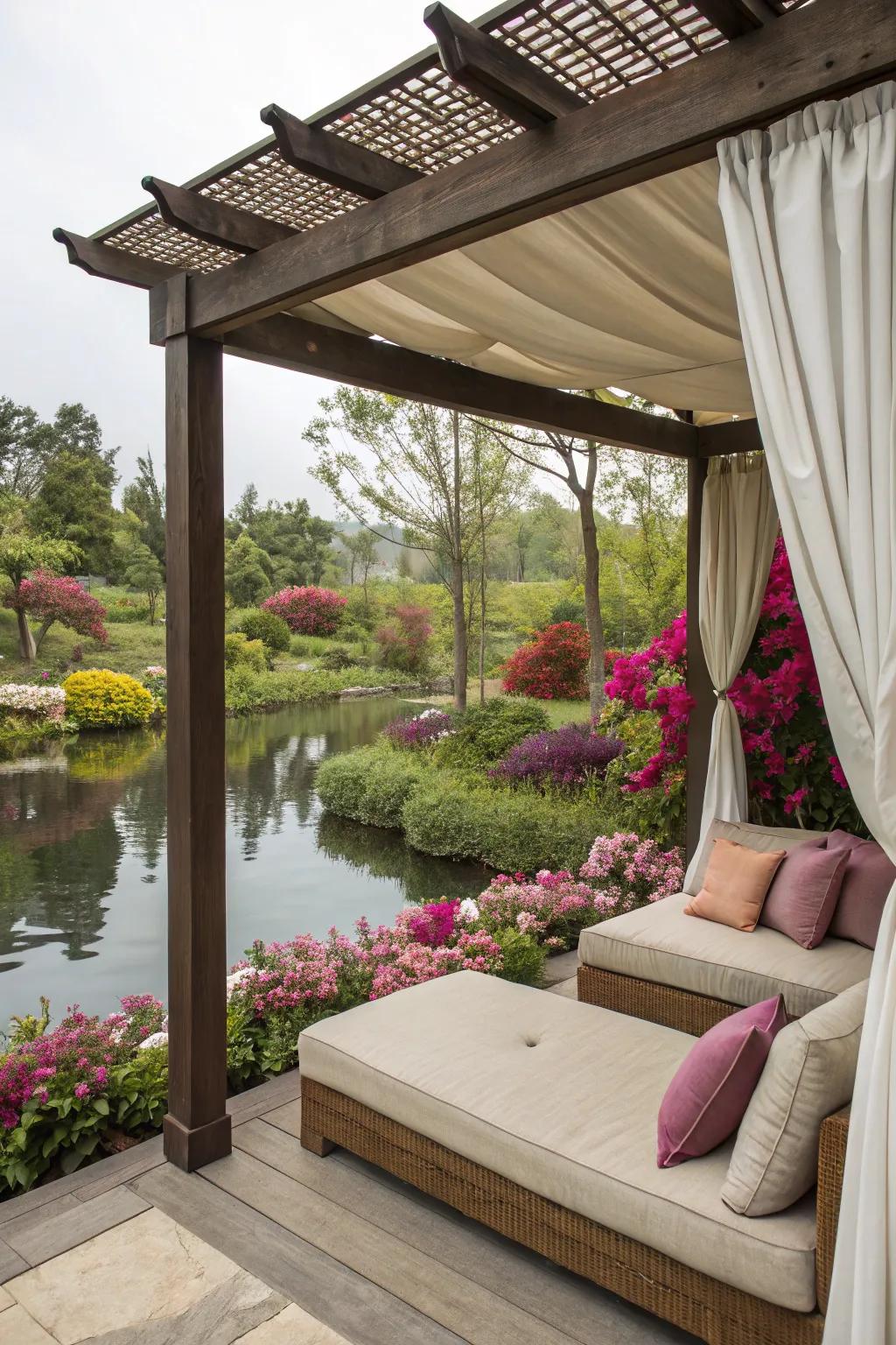 A pergola offers a shaded, chic seating space by the pond.