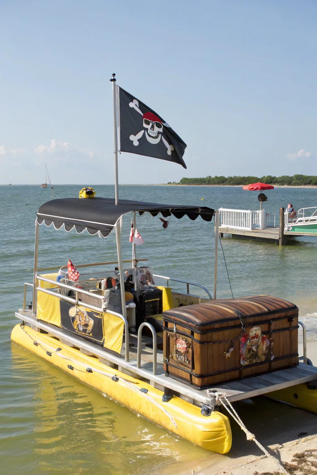 A pontoon boat with a privateer theme, prepared for excursion with standards and treasure.