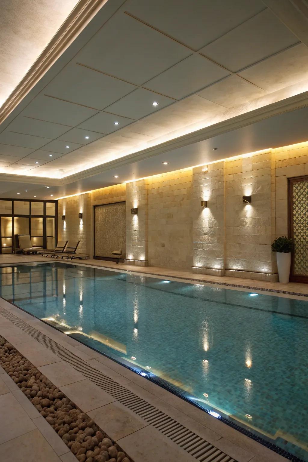 Under-cap illumination infuses a subtle sophistication into poolside partitions.