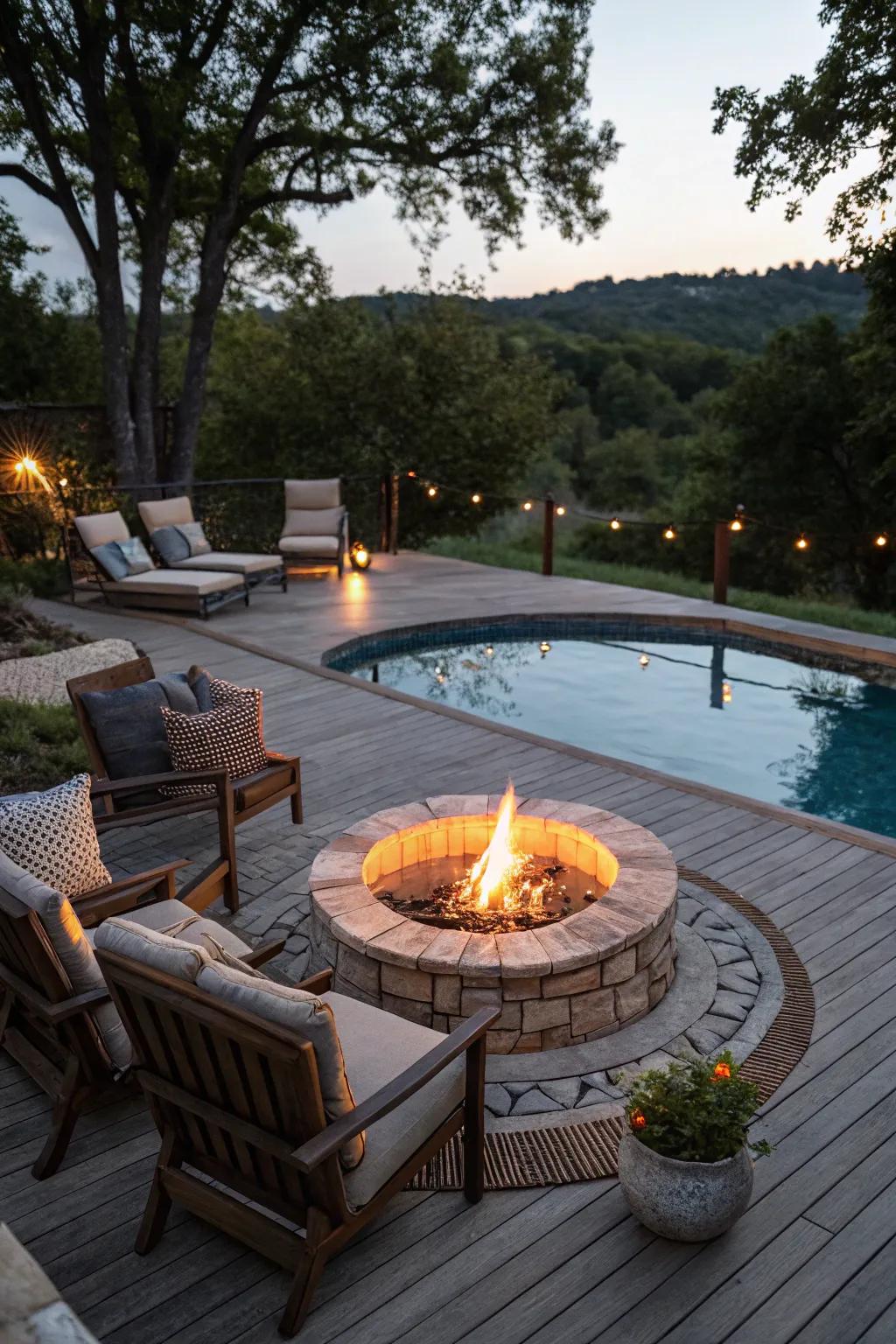 A comfortable and welcoming fire pit feature on the pool deck.