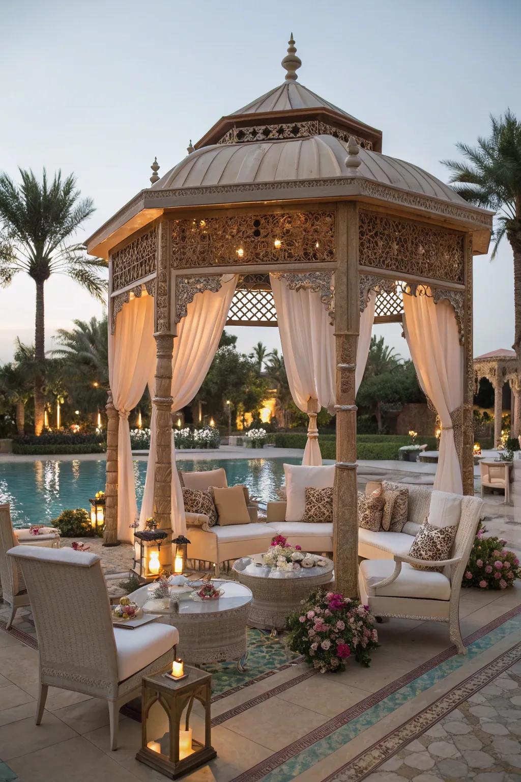 Experience resort-style luxury with a poolside gazebo.