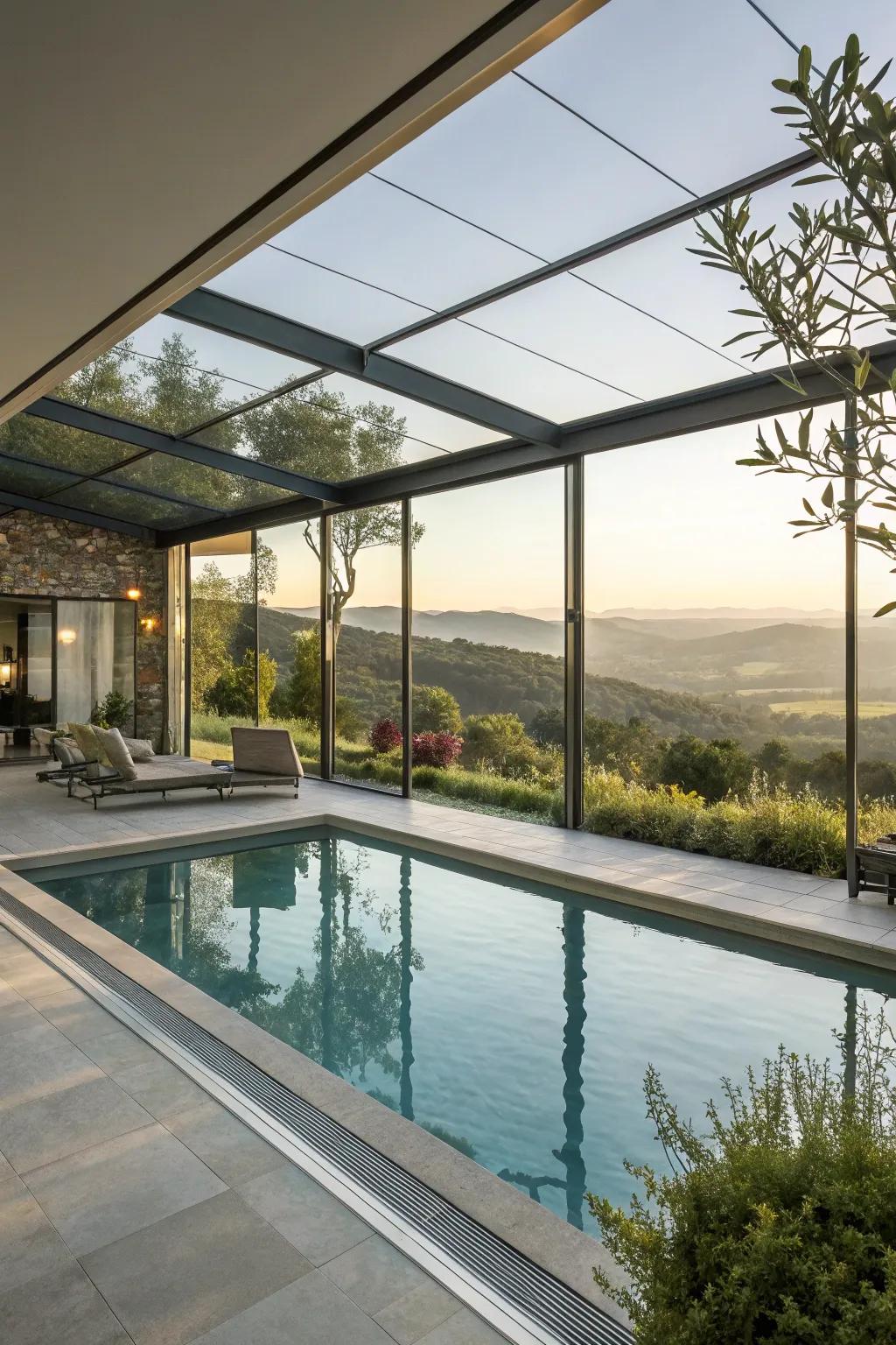 A stunning clear-walled pool house offering wide views.
