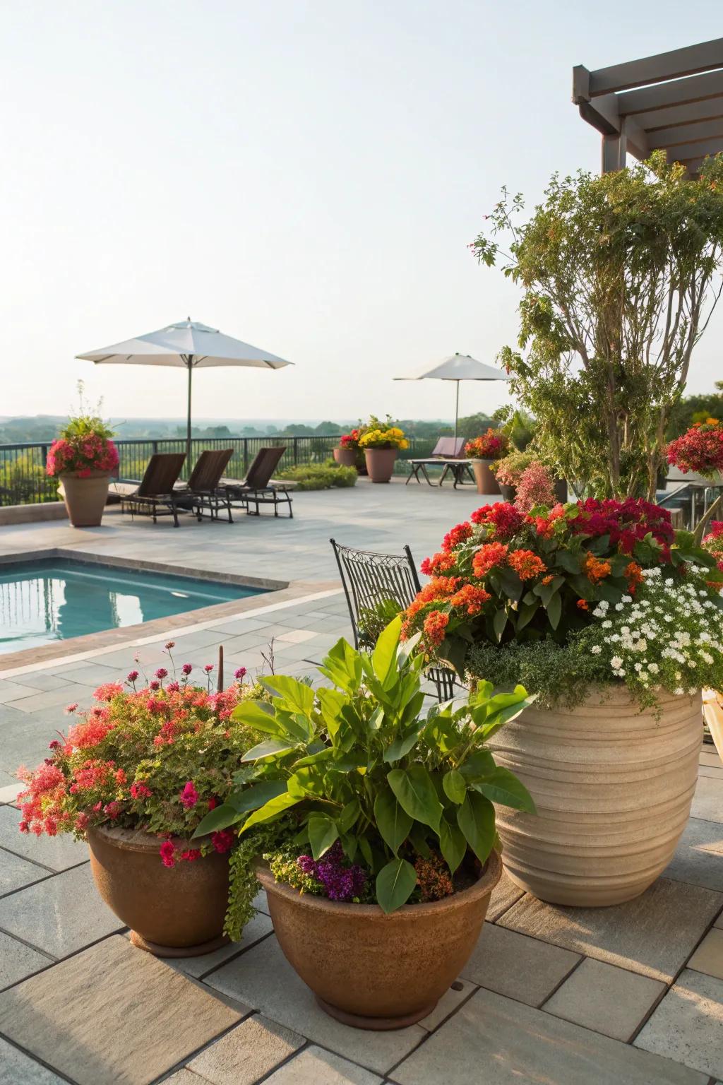 Infuse your pool area with life using diverse potted plants.