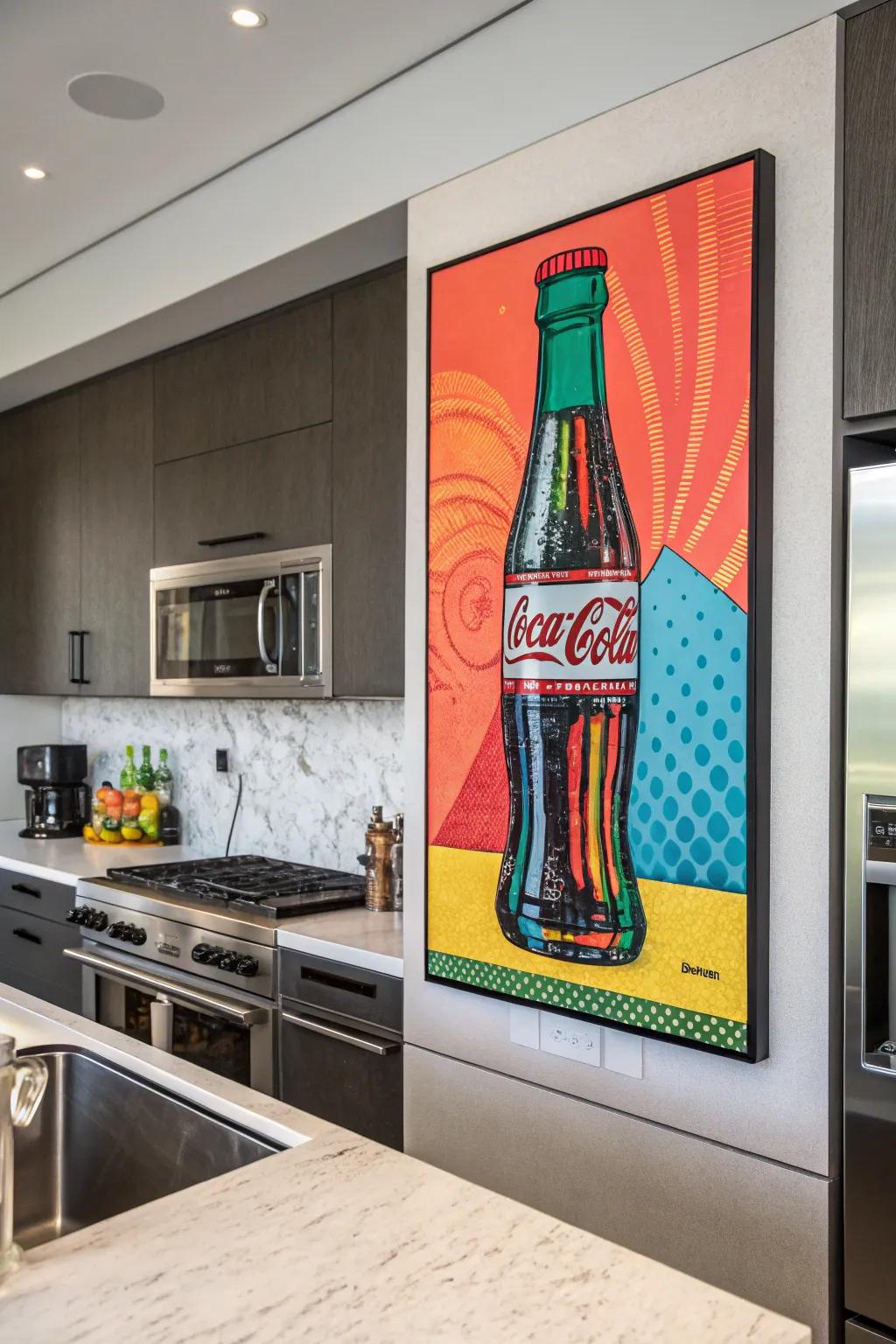 A whimsical pop art illustration of a soda bottle introduces charm to the kitchen.