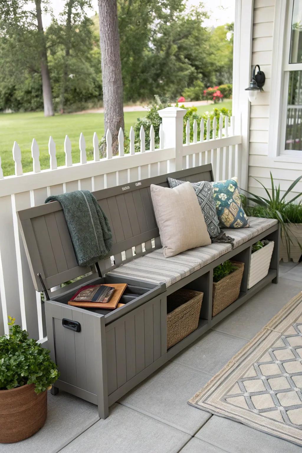 A stow bench preserves the porch's tidiness and organization.