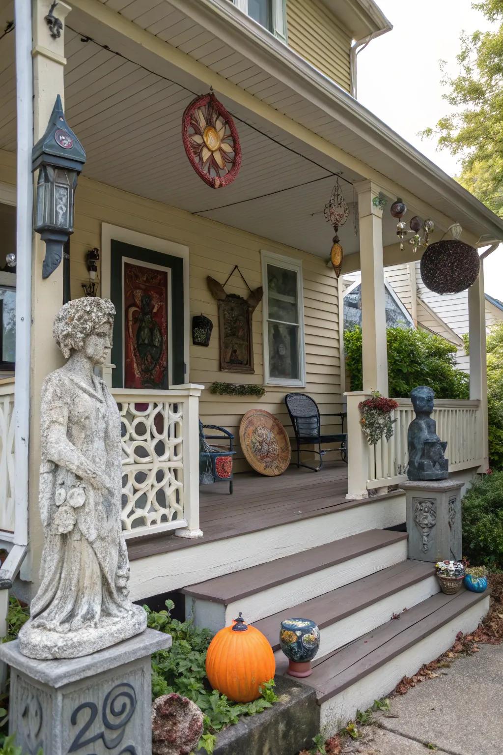 Unforeseen artistic showpieces injecting a singular element into the porch.