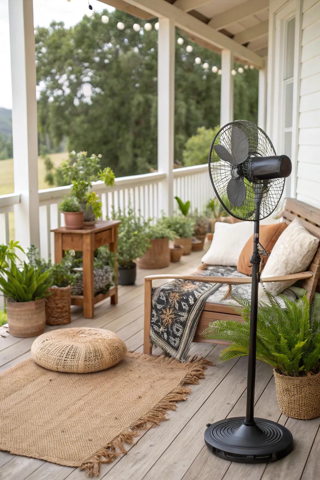 A solar-powered air mover provides eco-friendly cooling on this sustainable porch.