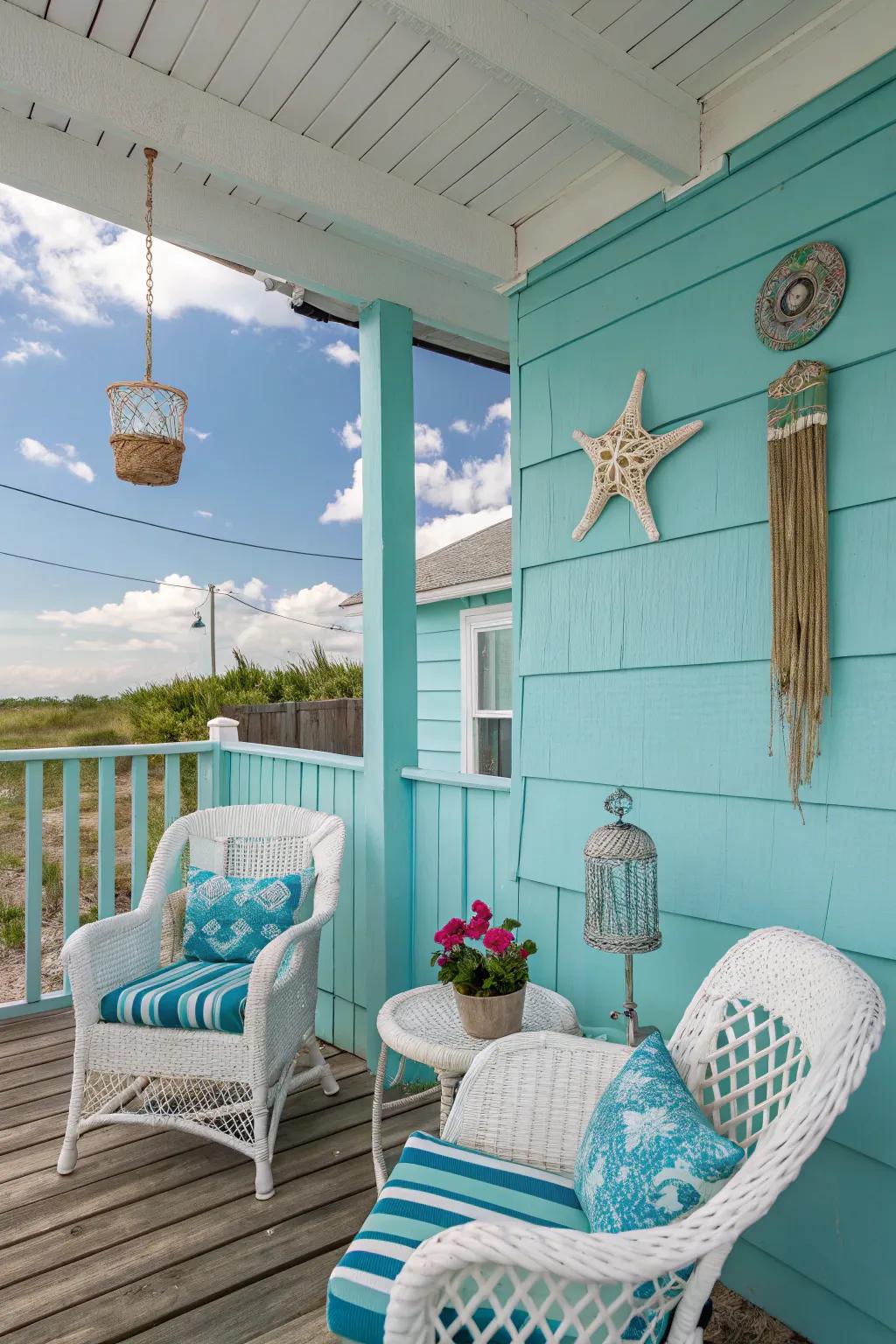 A coastal-inspired aquamarine veranda that embodies the essence of seaside leisure.