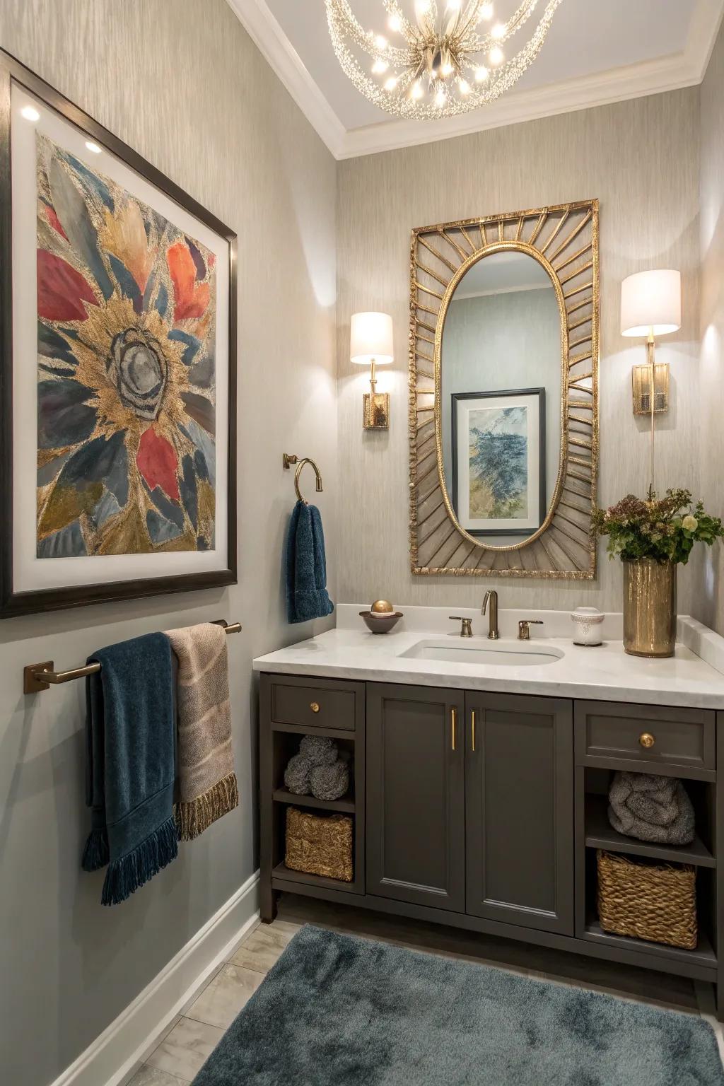 A powder room transformed by artwork and fashionable decor.
