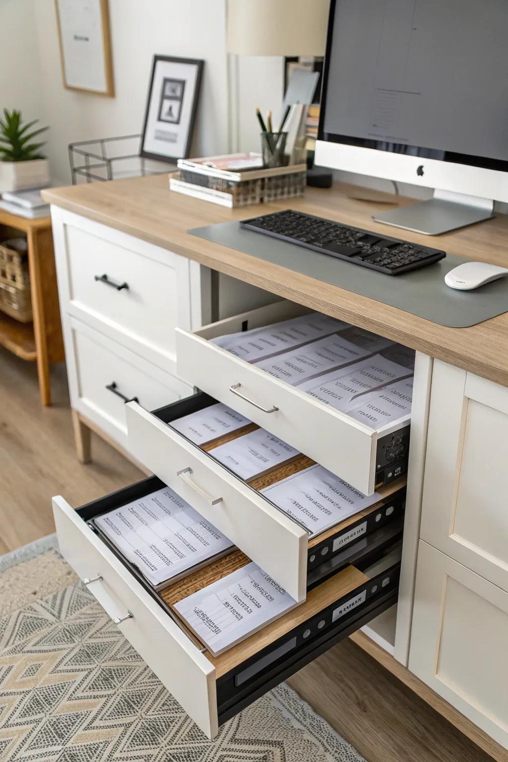 Under-desk drawers conceal paper while keeping it within easy reach.