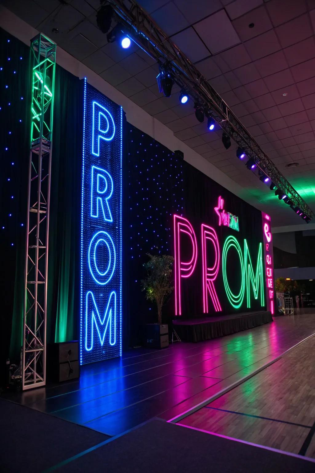 Neon tubes bring a pop of color and excitement, perfect for a contemporary prom vibe. 🎉 #NeonNights #PromVibes