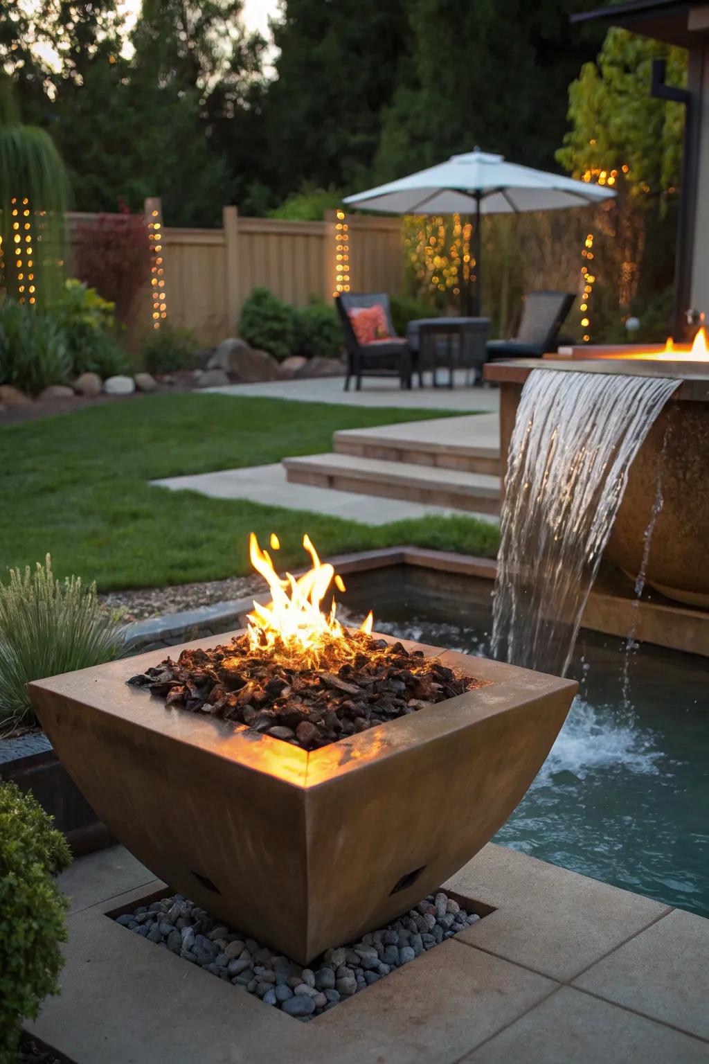 Create a dynamic focal point with a propane fire pit that includes a water feature.