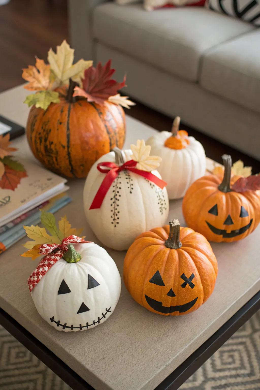 Upgrade your decor with sweet tiny decorated pumpkins.